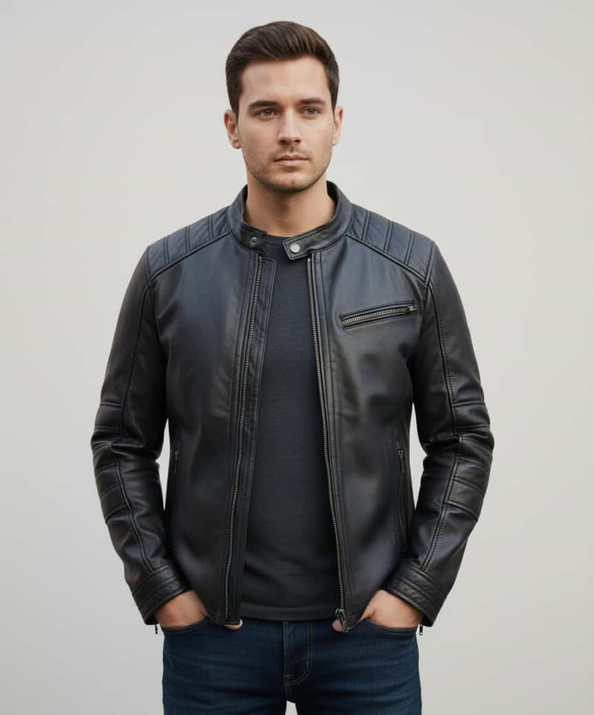 Black Leather Biker Jacket for Men