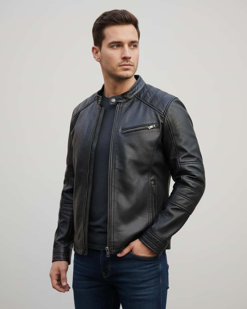 Black Leather Biker Jacket for Men