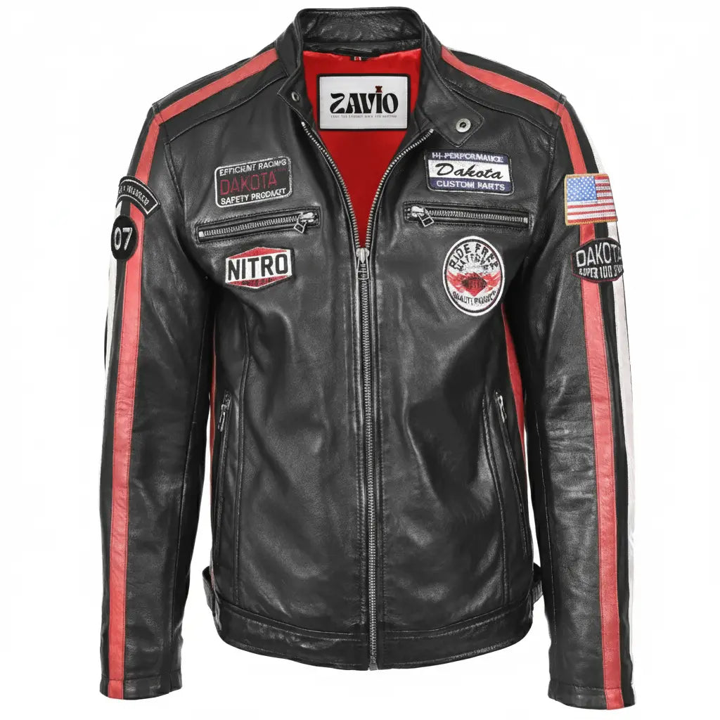 Mens Leather Biker Jacket Motorsport Logos Bobby Black