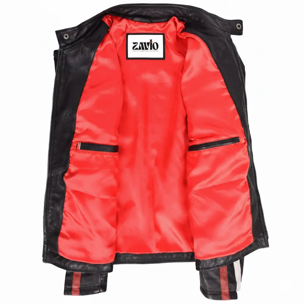 Mens Leather Biker Jacket Motorsport Logos Bobby Black