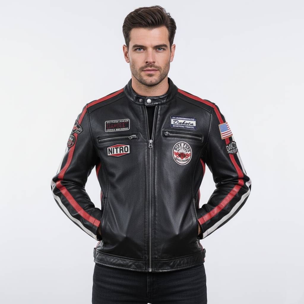 Mens Leather Biker Jacket Motorsport Logos Bobby Black