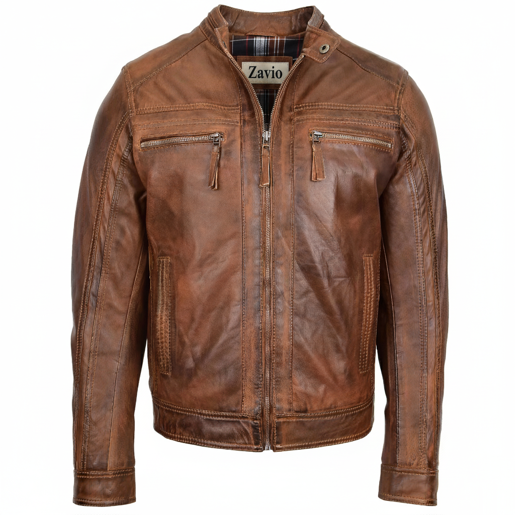 Mens Leather Cafe Racer Biker Jacket Charlie Antique Brown