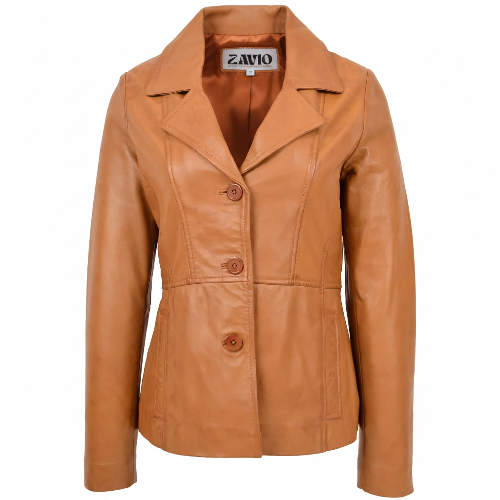 Womens Classic Three Button Leather Blazer Ruth Tan