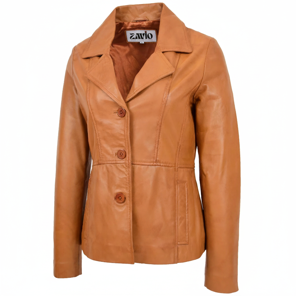 Womens Classic Three Button Leather Blazer Ruth Tan