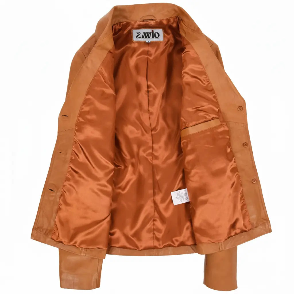 Womens Classic Three Button Leather Blazer Ruth Tan