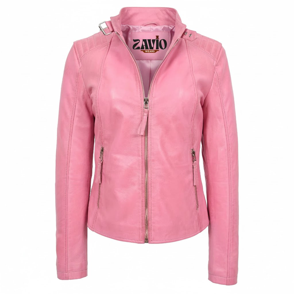Womens Real Leather Classic Biker Jacket Sophia Baby Pink
