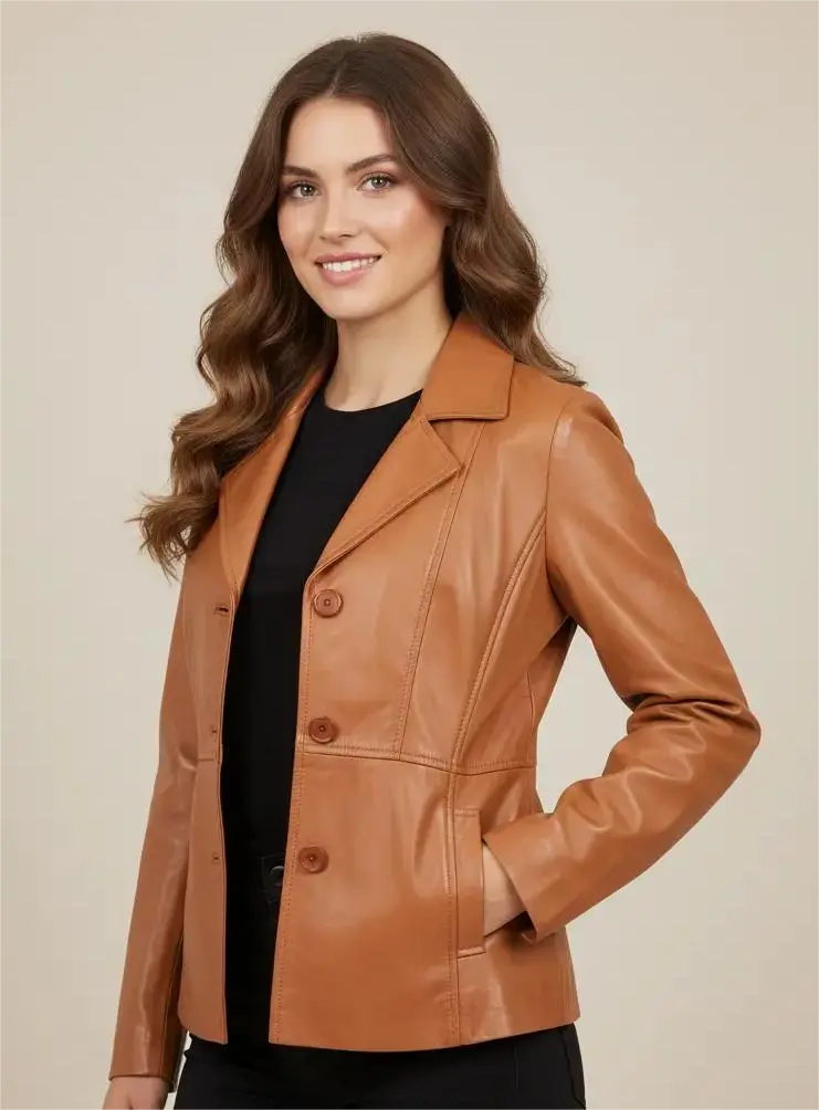 Womens Classic Three Button Leather Blazer Ruth Tan