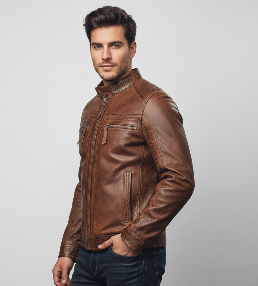 Mens Leather Cafe Racer Biker Jacket Charlie Antique Brown