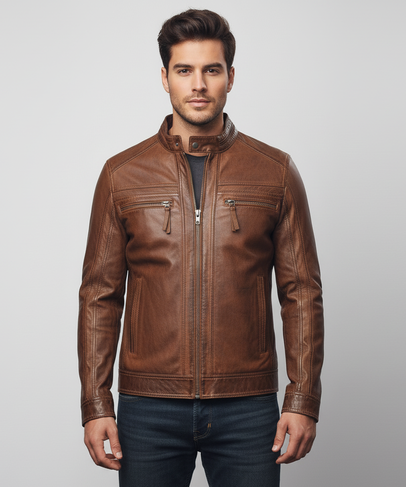 Mens Leather Cafe Racer Biker Jacket Charlie Antique Brown