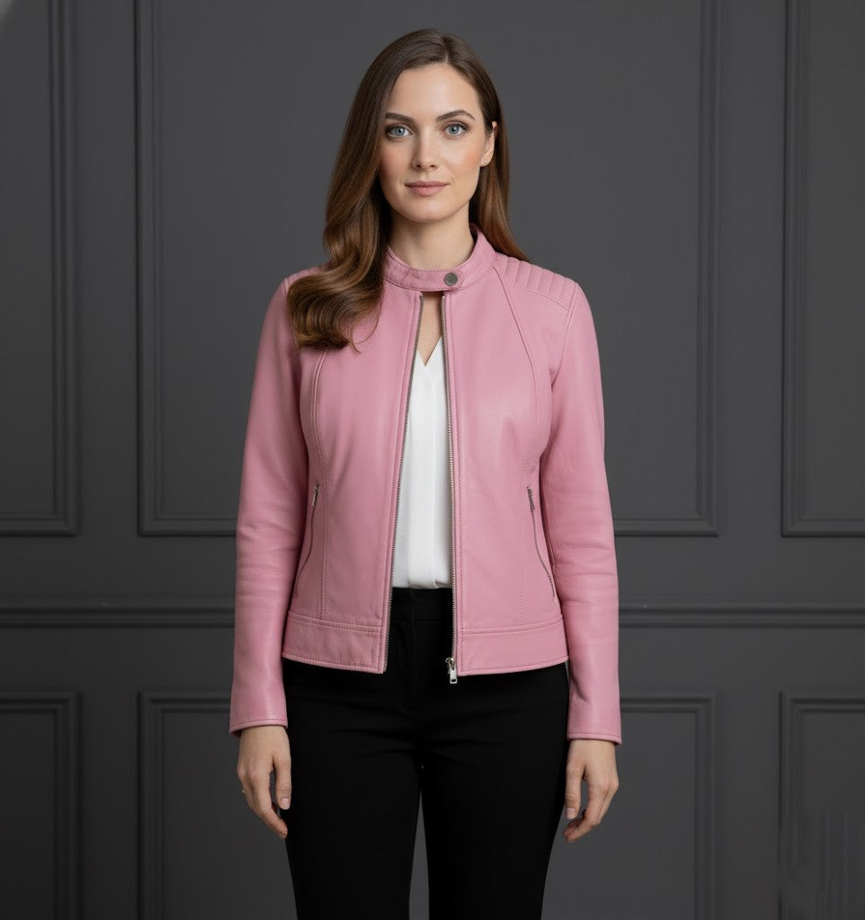Womens Real Leather Classic Biker Jacket Sophia Baby Pink