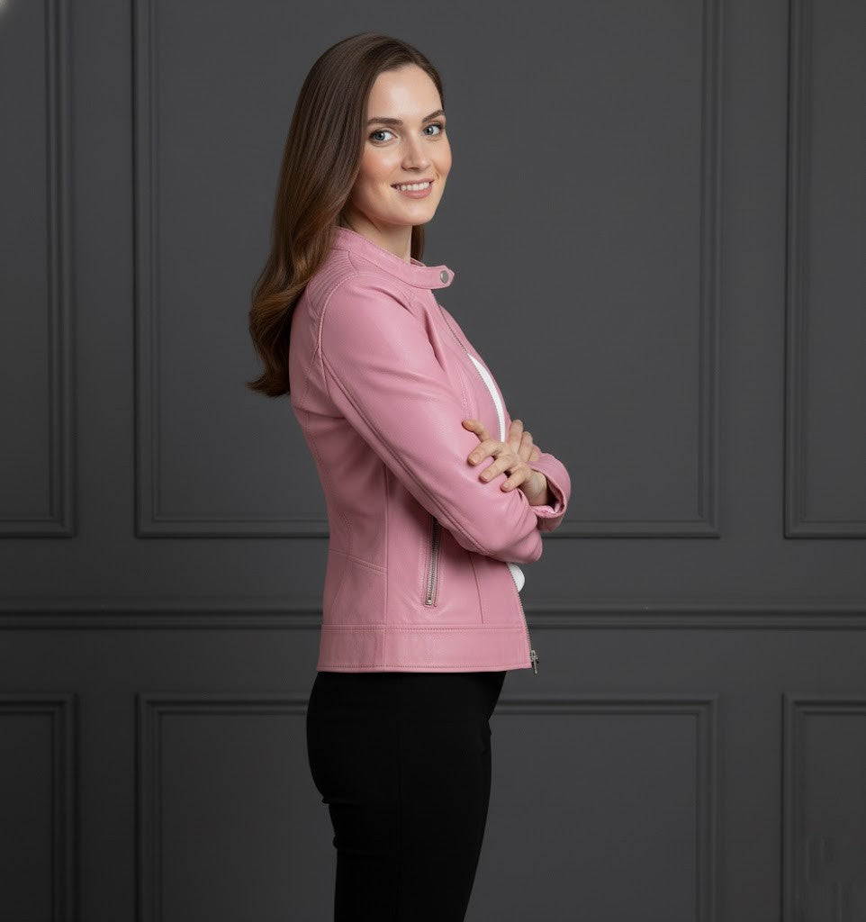 Womens Real Leather Classic Biker Jacket Sophia Baby Pink
